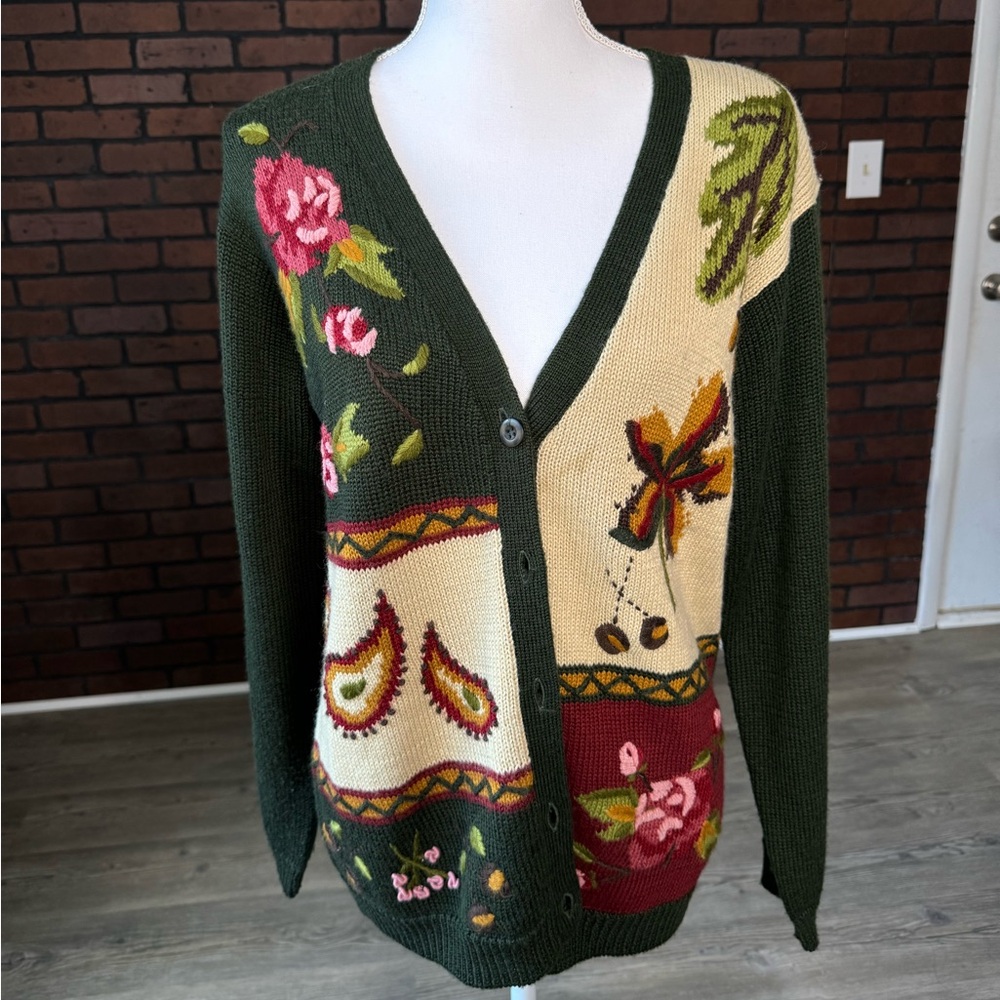 Alfred Dunner Fall Floral Green Cardigan Small Cottage Core‎